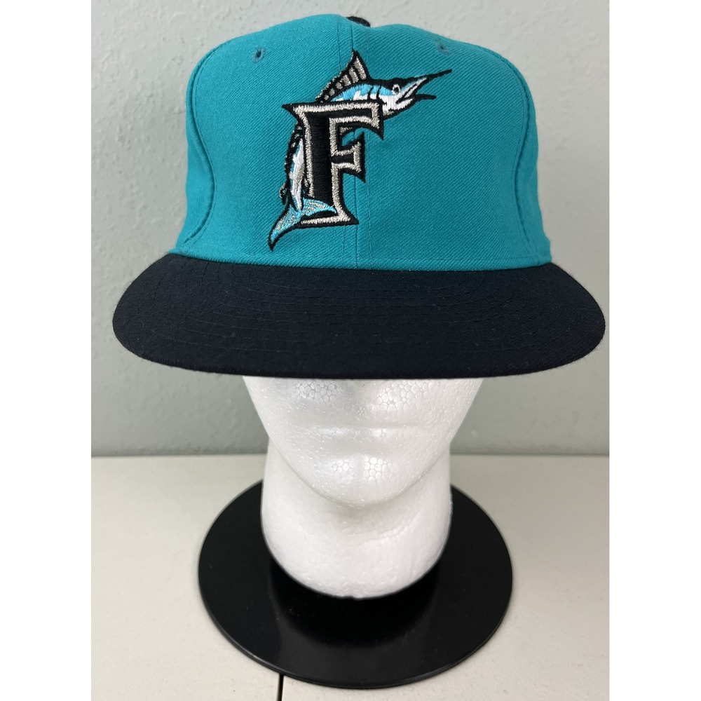 New Era 5950 Florida Marlins MLB Fitted Baseball Hat Teal Black Sz 7-1/4 USA